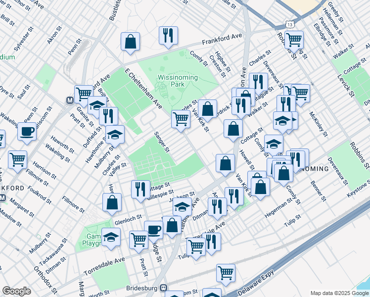 map of restaurants, bars, coffee shops, grocery stores, and more near 5443 Montague Street in Philadelphia