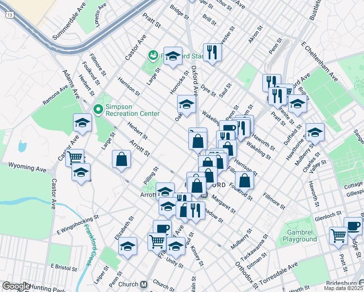 map of restaurants, bars, coffee shops, grocery stores, and more near 1341 Foulkrod Street in Philadelphia