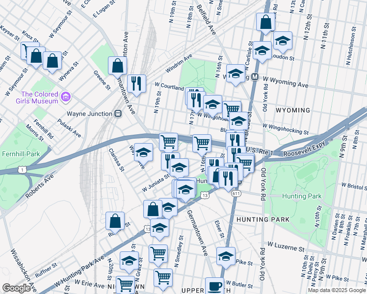 map of restaurants, bars, coffee shops, grocery stores, and more near 1707 Saint Paul Street in Philadelphia