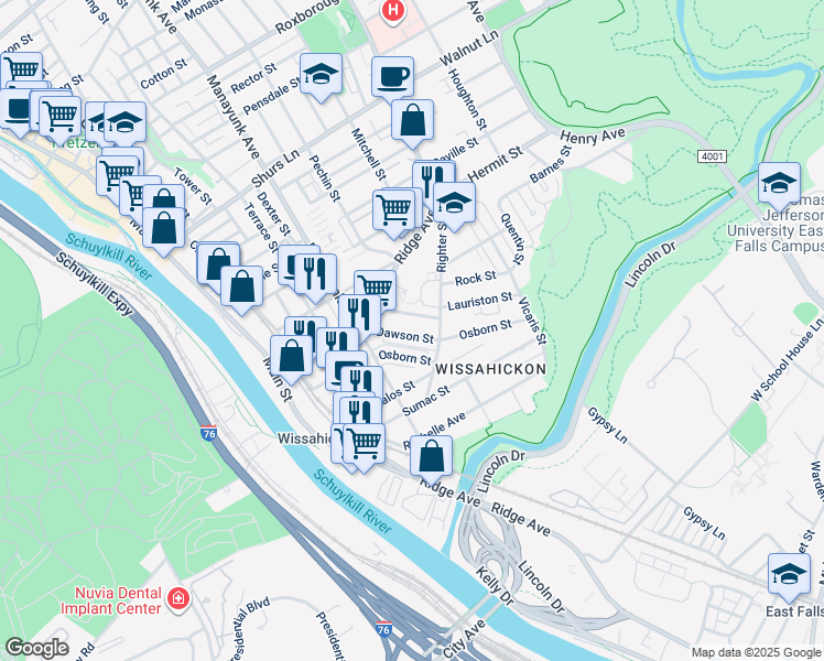map of restaurants, bars, coffee shops, grocery stores, and more near 371 Dawson Street in Philadelphia