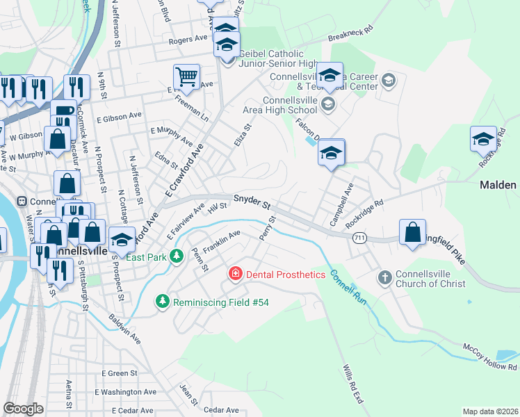 map of restaurants, bars, coffee shops, grocery stores, and more near 414 Snyder St in Connellsville