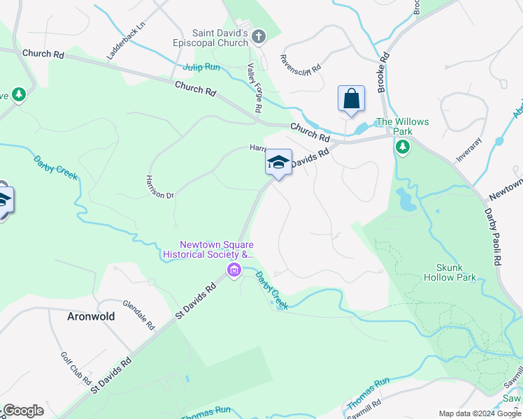 map of restaurants, bars, coffee shops, grocery stores, and more near 3306 Saint Davids Road in Newtown Square