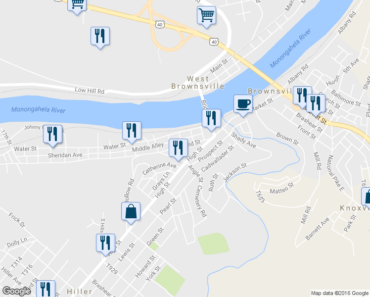 map of restaurants, bars, coffee shops, grocery stores, and more near 321 2nd St in Brownsville