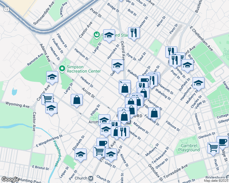 map of restaurants, bars, coffee shops, grocery stores, and more near 1341 Foulkrod Street in Philadelphia