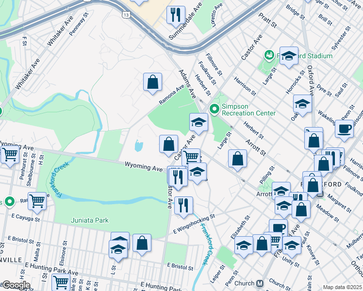 map of restaurants, bars, coffee shops, grocery stores, and more near 4604 Castor Avenue in Philadelphia