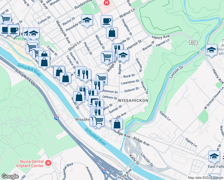 map of restaurants, bars, coffee shops, grocery stores, and more near 371 Dawson Street in Philadelphia