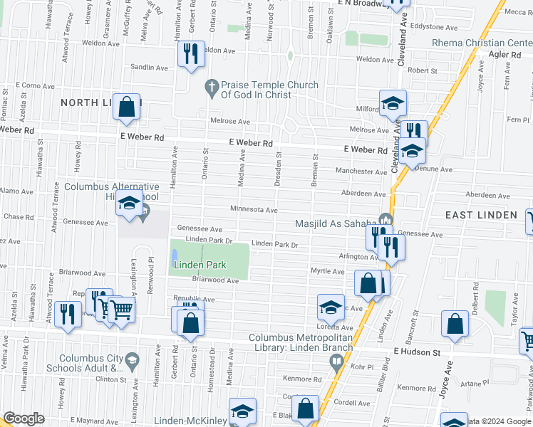 map of restaurants, bars, coffee shops, grocery stores, and more near 1443 Minnesota Avenue in Columbus