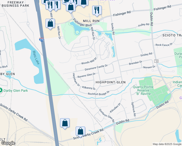 map of restaurants, bars, coffee shops, grocery stores, and more near 3646 Ravens Glen Drive in Columbus