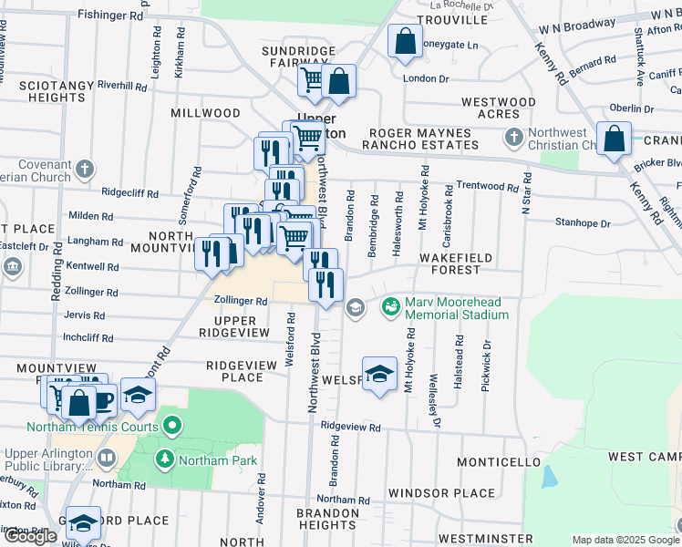 map of restaurants, bars, coffee shops, grocery stores, and more near 3065 Brandon Road in Columbus
