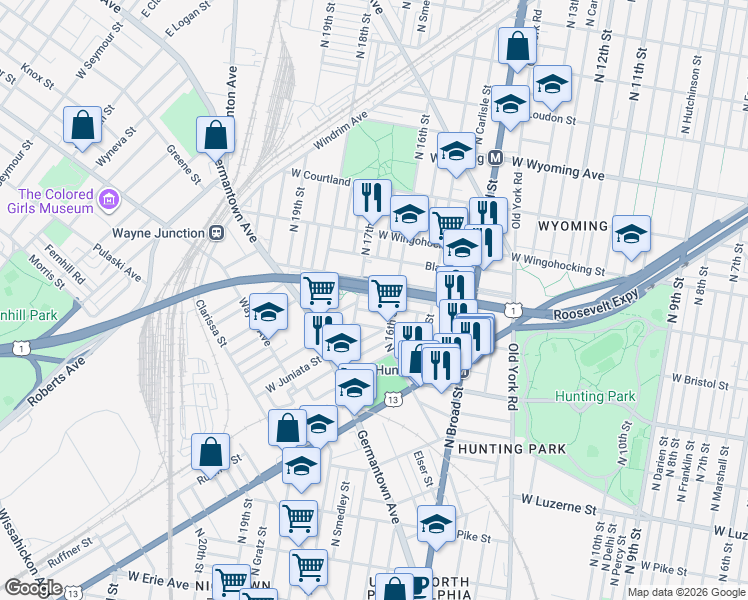 map of restaurants, bars, coffee shops, grocery stores, and more near 1619 Rowan Street in Philadelphia