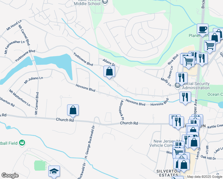 map of restaurants, bars, coffee shops, grocery stores, and more near 15 Catalina Court in Toms River