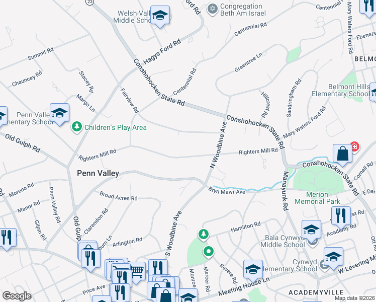 map of restaurants, bars, coffee shops, grocery stores, and more near 619 Righters Mill Road in Penn Valley