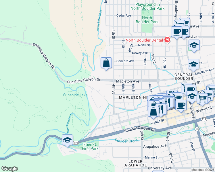 map of restaurants, bars, coffee shops, grocery stores, and more near 2323 4th Street in Boulder