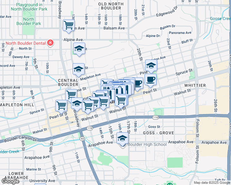 map of restaurants, bars, coffee shops, grocery stores, and more near 1618 Spruce Street in Boulder