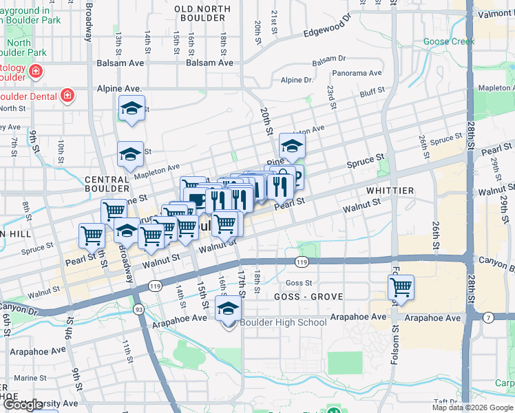map of restaurants, bars, coffee shops, grocery stores, and more near 1825 Pearl Street in Boulder