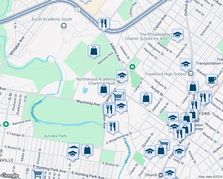 map of restaurants, bars, coffee shops, grocery stores, and more near 4604 Castor Avenue in Philadelphia