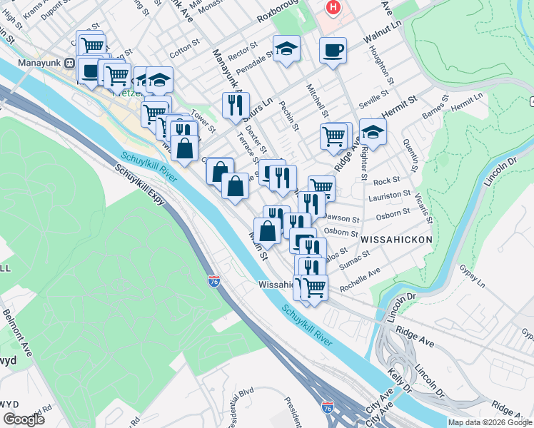 map of restaurants, bars, coffee shops, grocery stores, and more near 114 Salaignac Street in Philadelphia