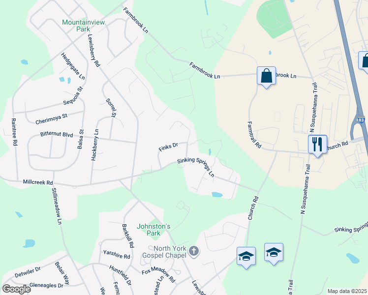 map of restaurants, bars, coffee shops, grocery stores, and more near 715 Finks Drive in York