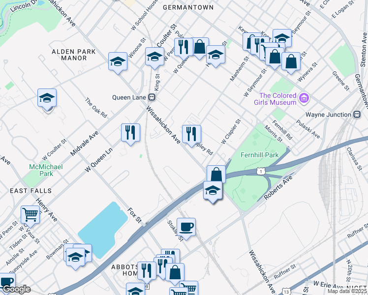 map of restaurants, bars, coffee shops, grocery stores, and more near Wissahickon Ave & W Manheim St in Philadelphia