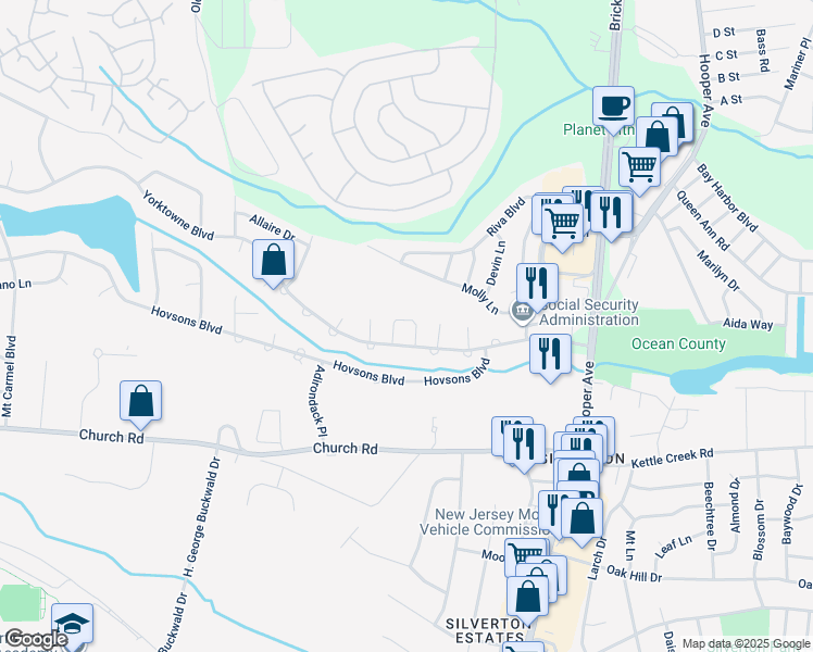 map of restaurants, bars, coffee shops, grocery stores, and more near 51 Berkshire Court in Toms River