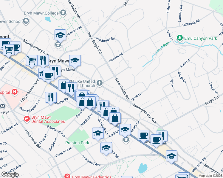 map of restaurants, bars, coffee shops, grocery stores, and more near 534 Maison Place in Bryn Mawr