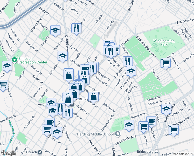 map of restaurants, bars, coffee shops, grocery stores, and more near Wakeling Street in Philadelphia