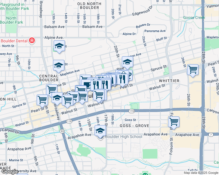 map of restaurants, bars, coffee shops, grocery stores, and more near 1825 Pearl Street in Boulder