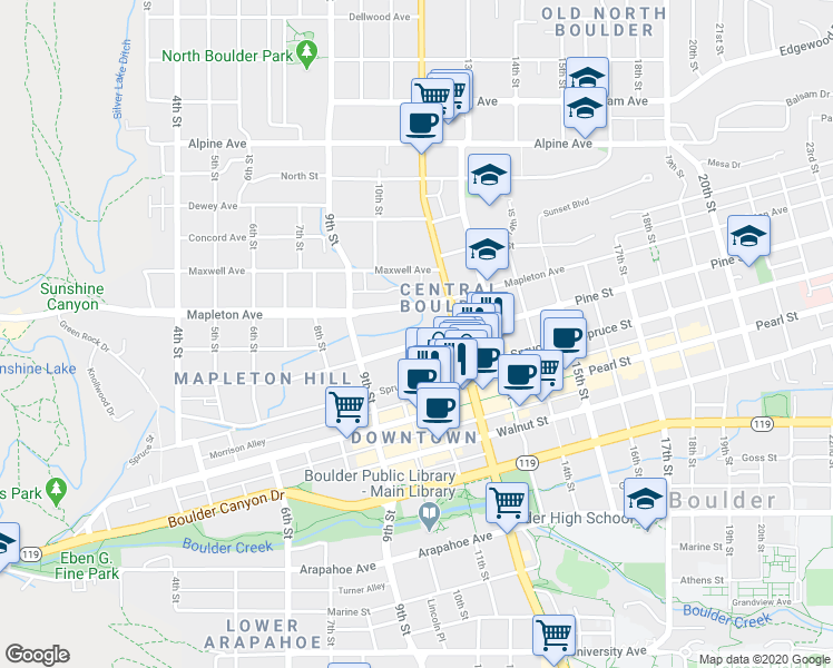 map of restaurants, bars, coffee shops, grocery stores, and more near 1109 Pine Street in Boulder