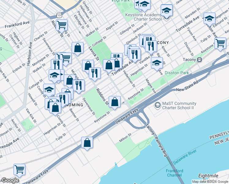 map of restaurants, bars, coffee shops, grocery stores, and more near 6356 Edmund Street in Philadelphia