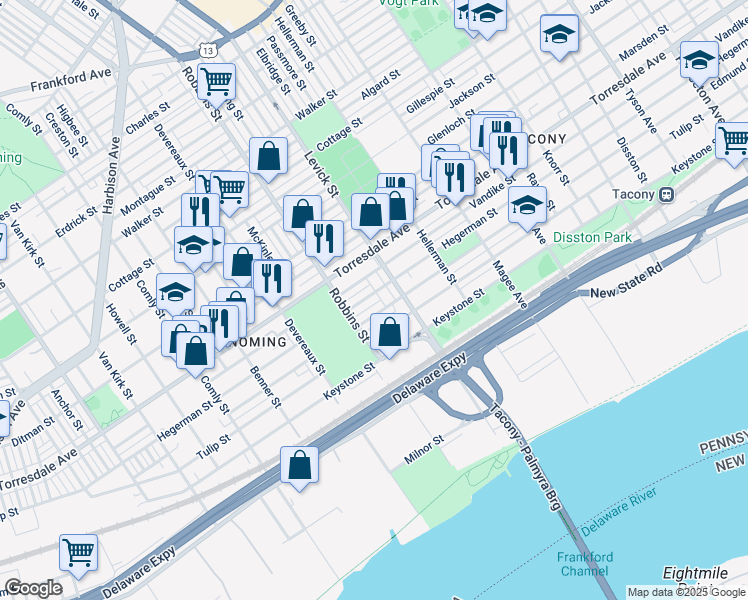 map of restaurants, bars, coffee shops, grocery stores, and more near 6337 Hegerman Street in Philadelphia