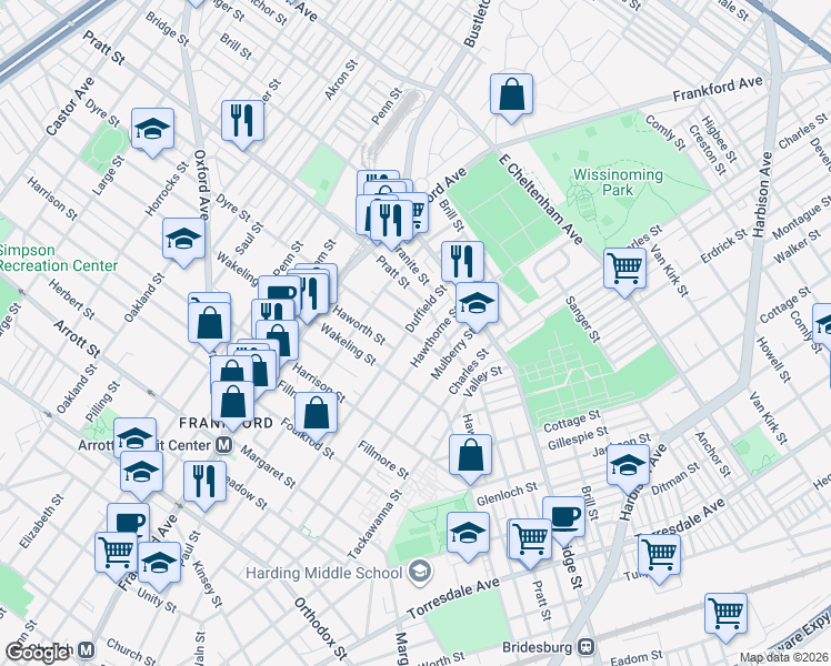 map of restaurants, bars, coffee shops, grocery stores, and more near 5103 Duffield Street in Philadelphia