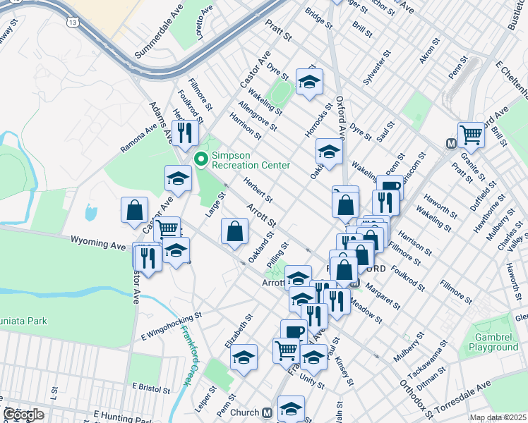 map of restaurants, bars, coffee shops, grocery stores, and more near 1141 Arrott Street in Philadelphia