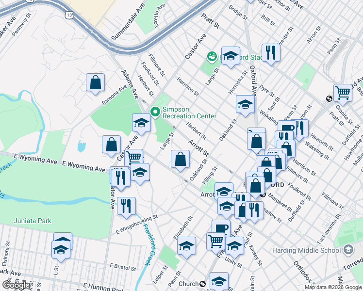 map of restaurants, bars, coffee shops, grocery stores, and more near 1121 Overington Street in Philadelphia