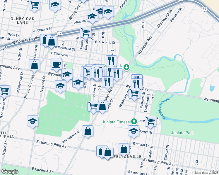 map of restaurants, bars, coffee shops, grocery stores, and more near 547 East Luray Street in Philadelphia
