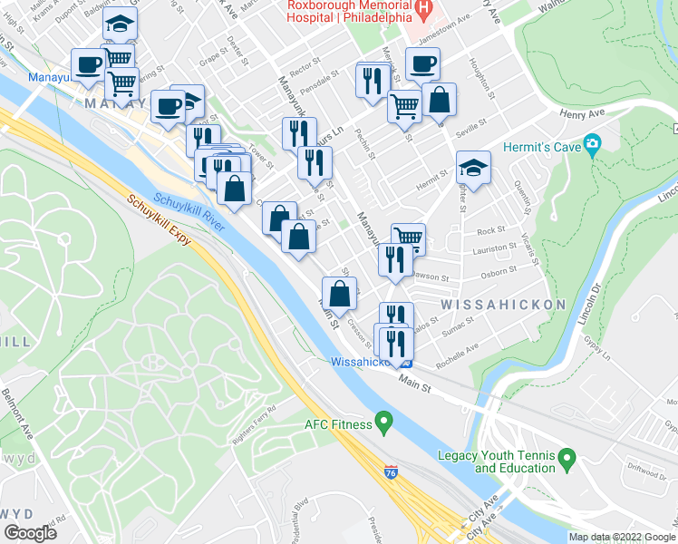 map of restaurants, bars, coffee shops, grocery stores, and more near 114 Salaignac Street in Philadelphia