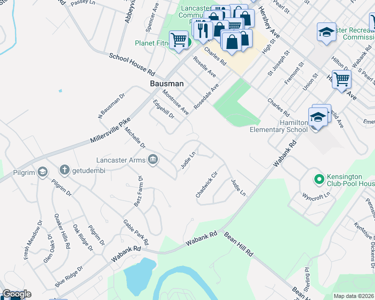 map of restaurants, bars, coffee shops, grocery stores, and more near 32 Judie Lane in Lancaster