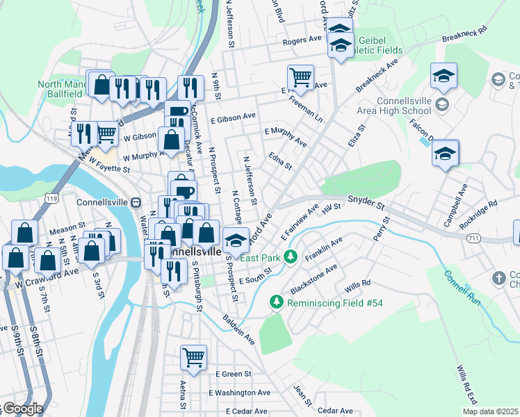 map of restaurants, bars, coffee shops, grocery stores, and more near 213 North Jefferson Street in Connellsville