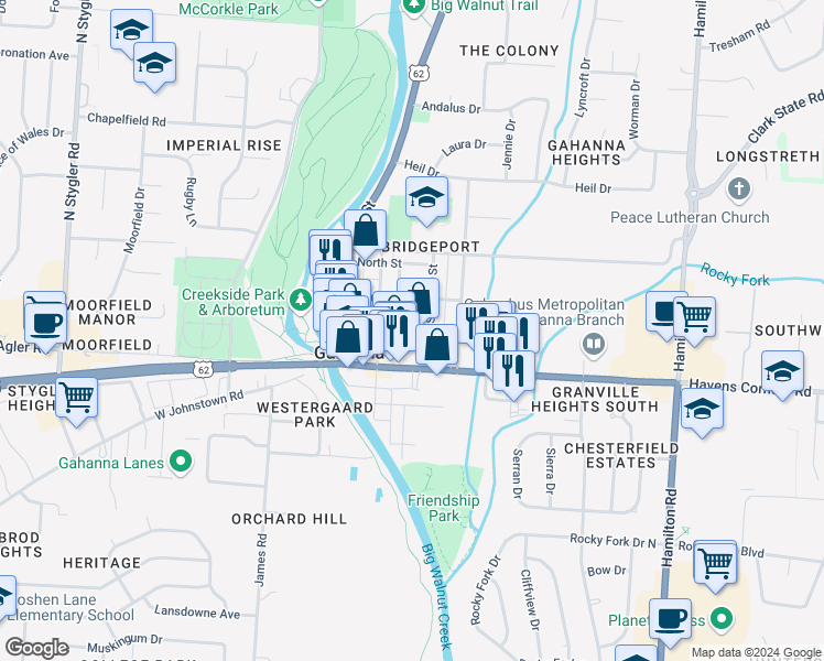 map of restaurants, bars, coffee shops, grocery stores, and more near 95 Shepard Street in Gahanna