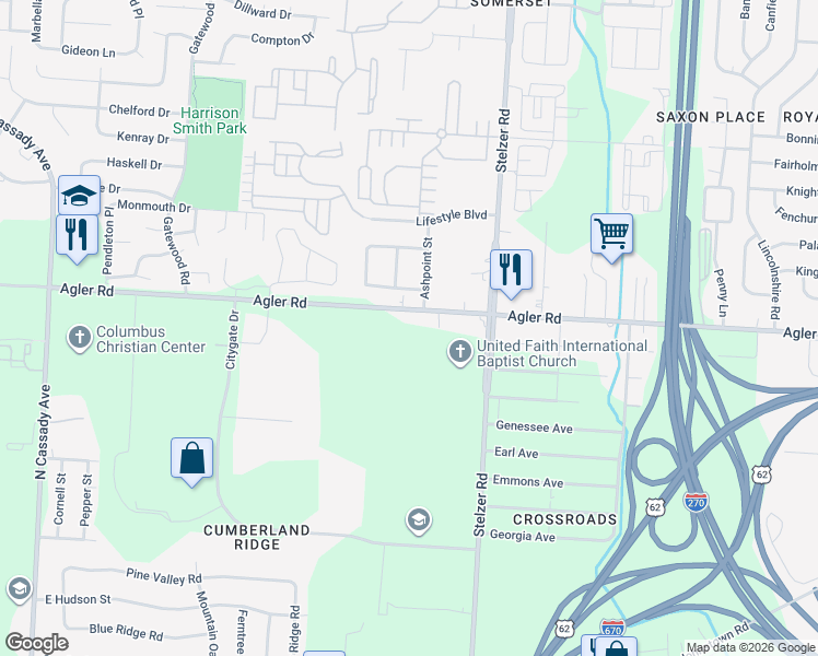 map of restaurants, bars, coffee shops, grocery stores, and more near 3627 Agler Road in Columbus