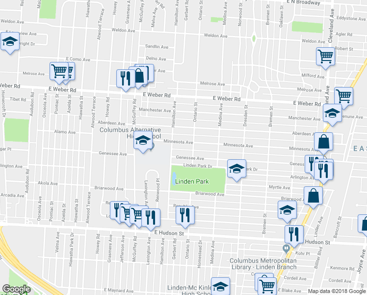 map of restaurants, bars, coffee shops, grocery stores, and more near 1277 Minnesota Avenue in Columbus
