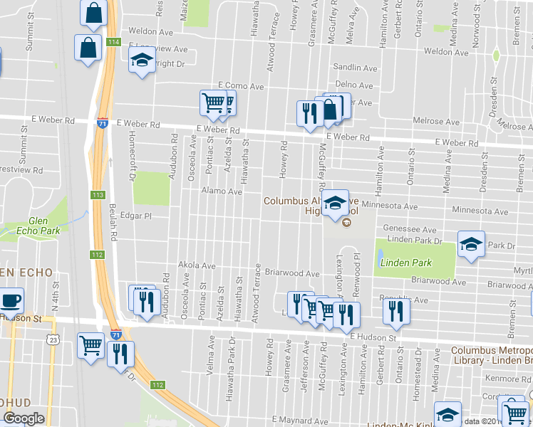 map of restaurants, bars, coffee shops, grocery stores, and more near 2673 Howey Road in Columbus