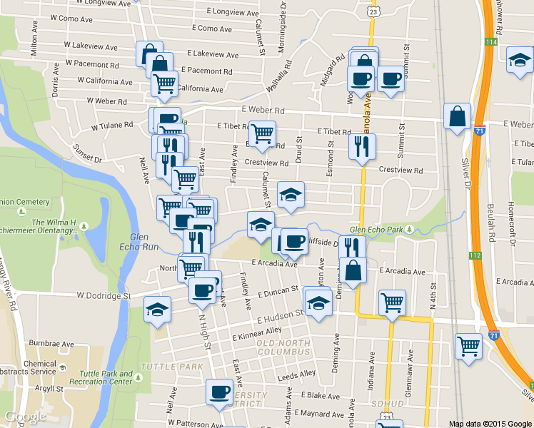 map of restaurants, bars, coffee shops, grocery stores, and more near 205 Olentangy Street in Columbus