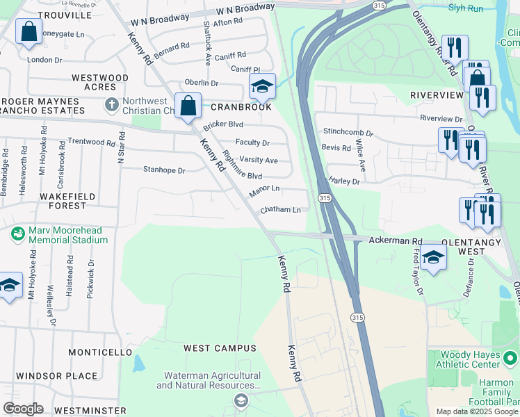 map of restaurants, bars, coffee shops, grocery stores, and more near 966 Chatham Lane in Columbus
