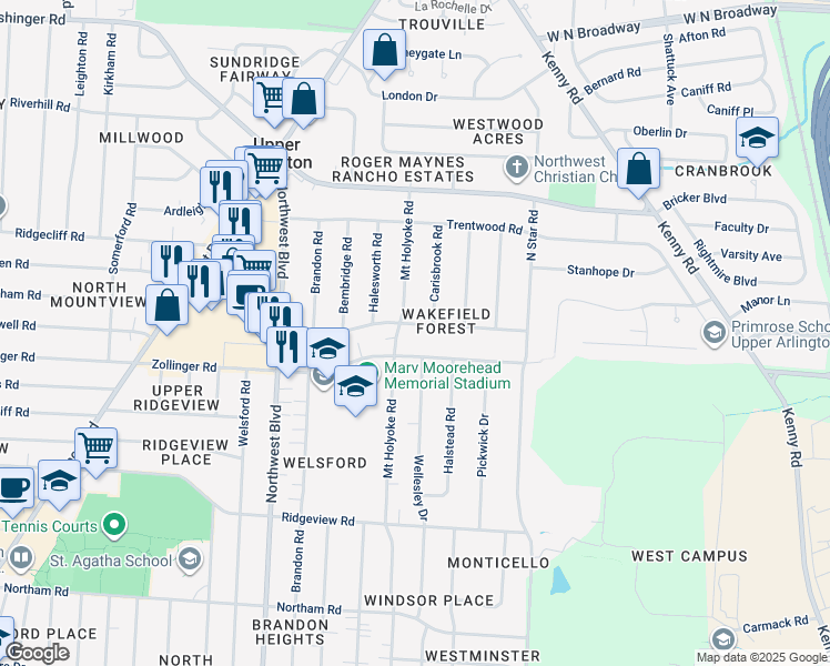 map of restaurants, bars, coffee shops, grocery stores, and more near 1491 Kirkley Road in Columbus