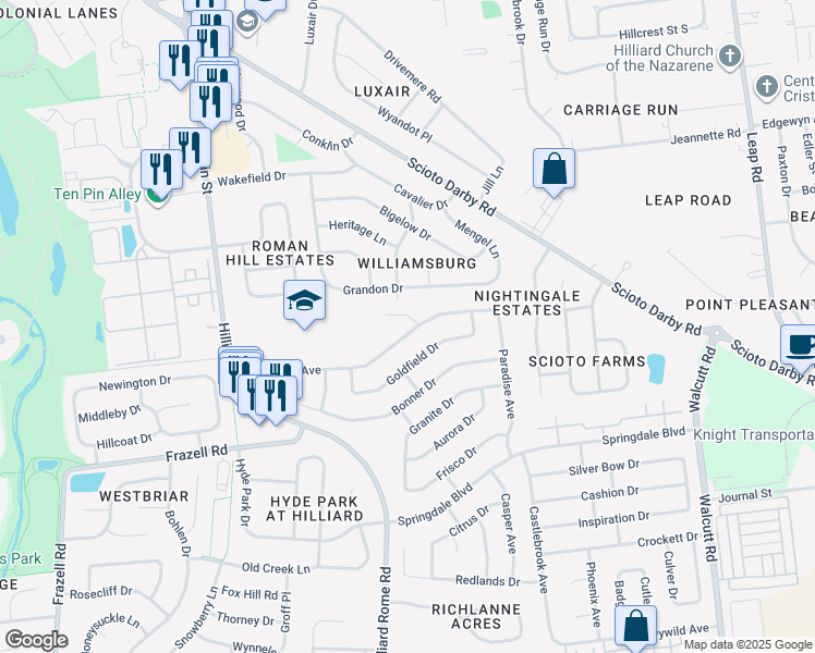 map of restaurants, bars, coffee shops, grocery stores, and more near 5257 Redmond Court in Hilliard