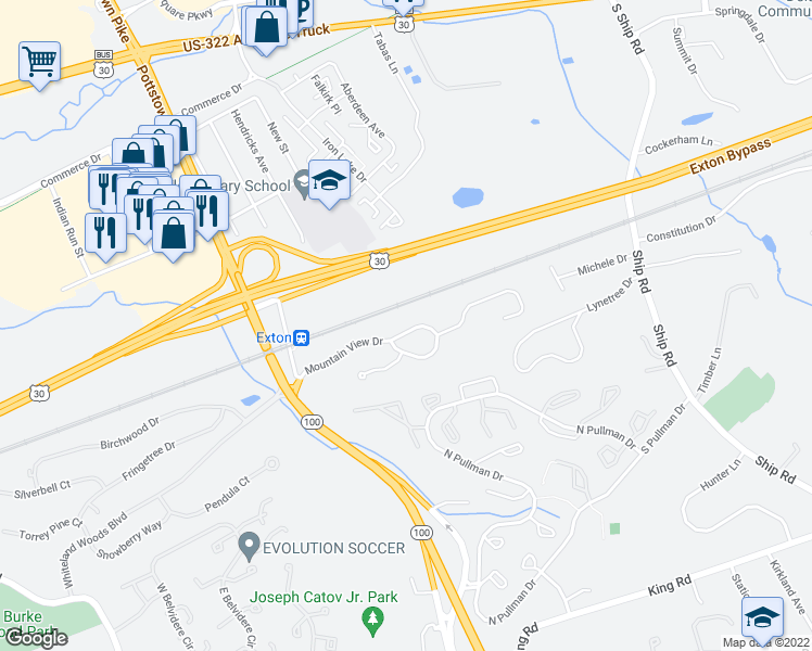 map of restaurants, bars, coffee shops, grocery stores, and more near 149 Mountain View Drive in West Chester