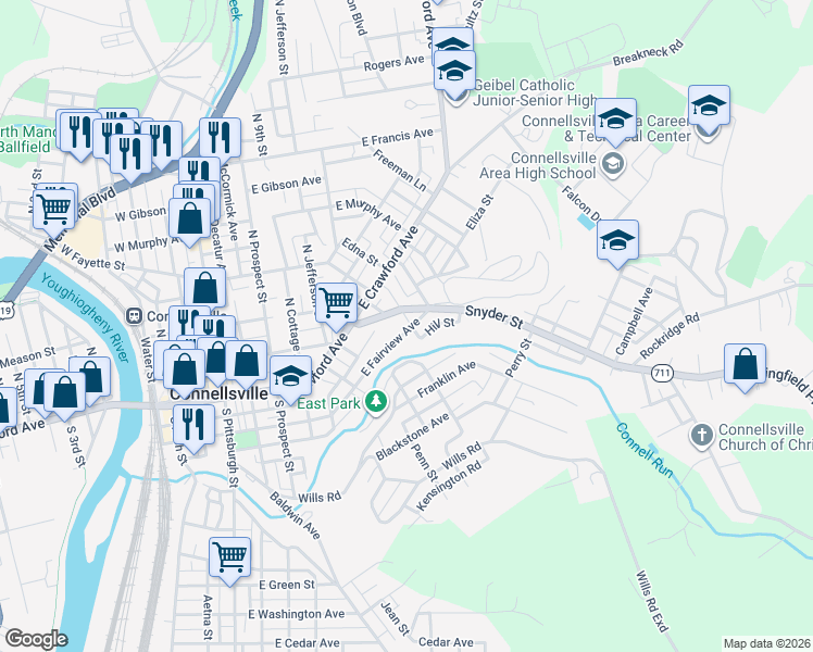 map of restaurants, bars, coffee shops, grocery stores, and more near 124 Snyder Street in Connellsville