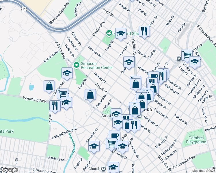 map of restaurants, bars, coffee shops, grocery stores, and more near 1224 Herbert Street in Philadelphia