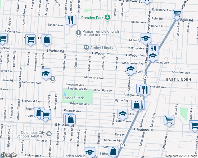 map of restaurants, bars, coffee shops, grocery stores, and more near 1443 Minnesota Avenue in Columbus