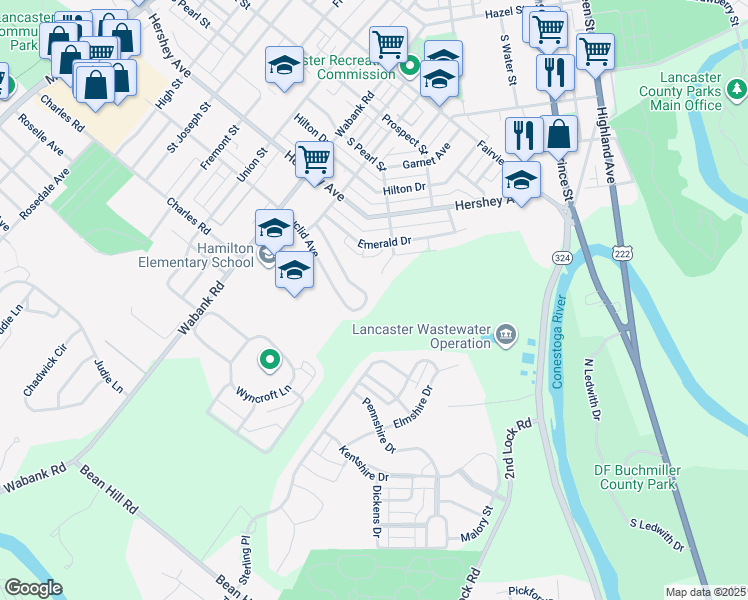 map of restaurants, bars, coffee shops, grocery stores, and more near 721 Euclid Avenue in Lancaster